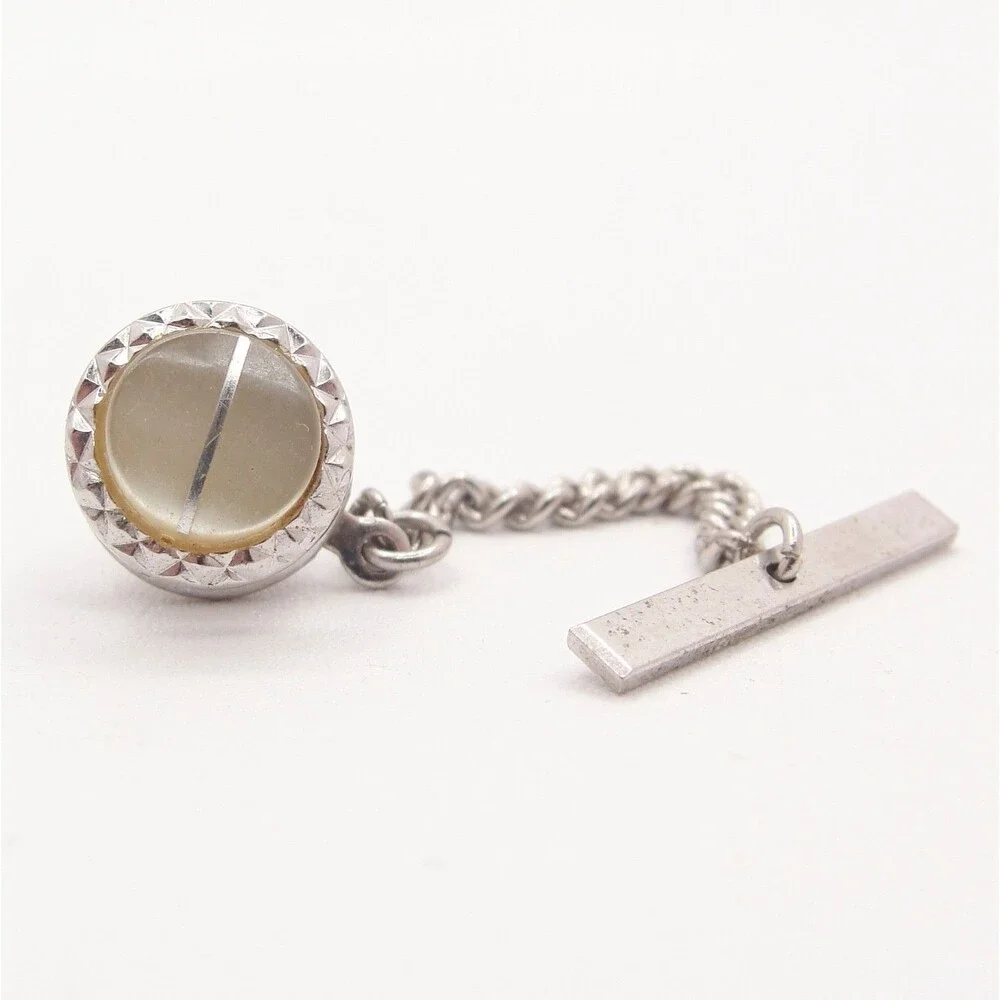 Vintage Silver Tone Faux Cat Eye Moonglow Lucite Tie Tack Pin With Bar Chain